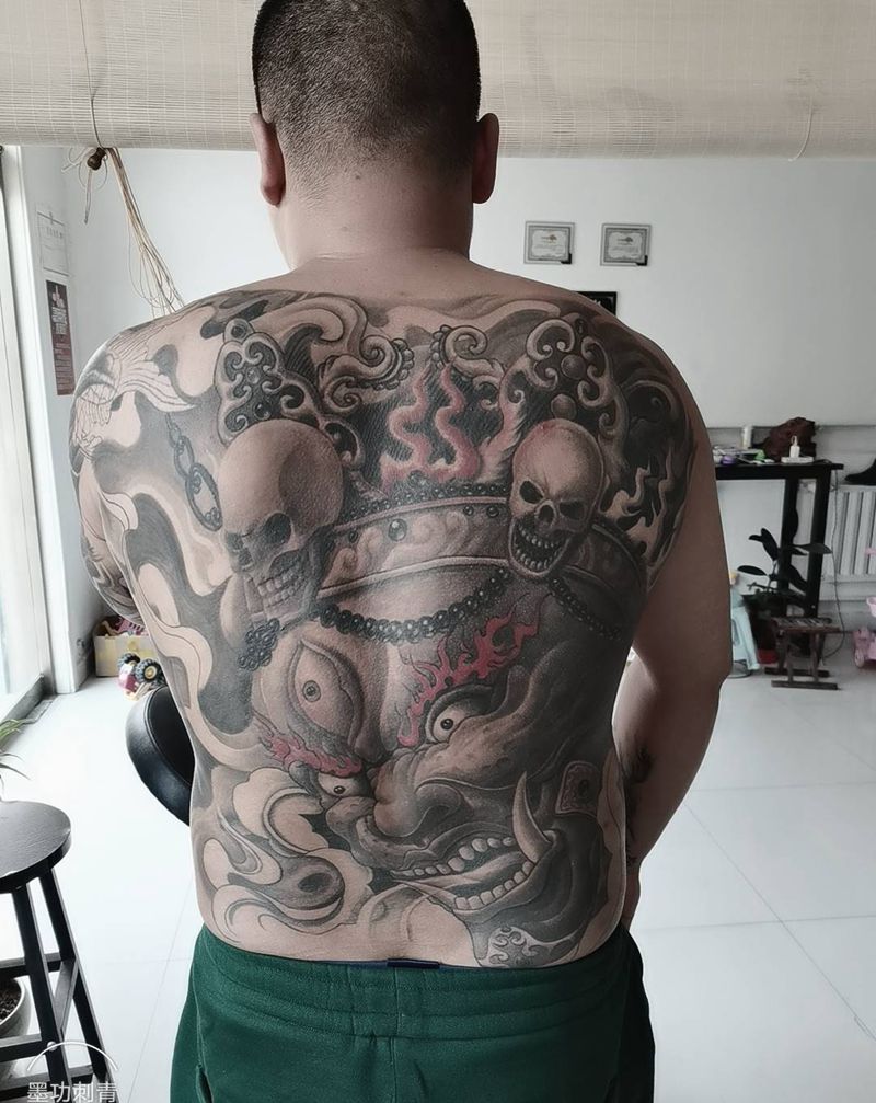 大黑天纹身图片_背部新传统纹身图案