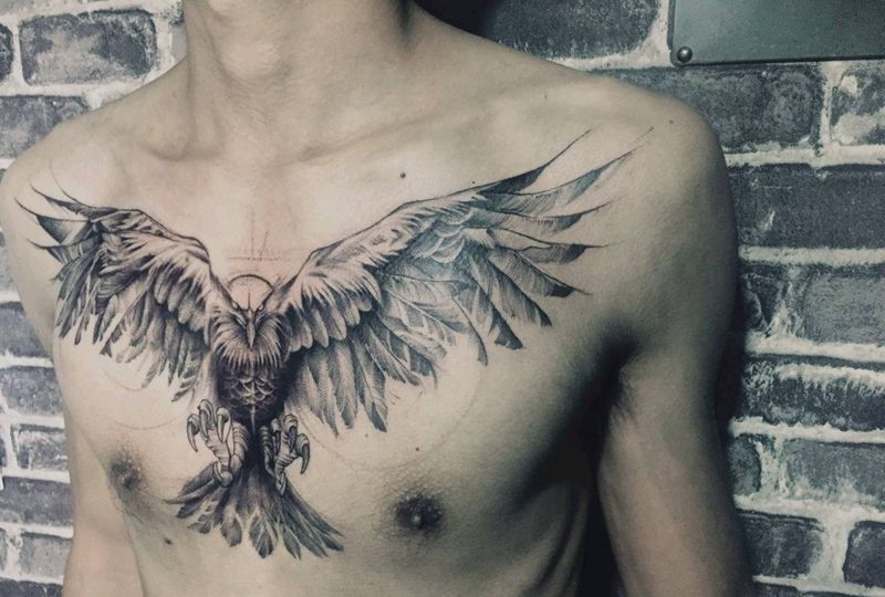 猫头鹰纹身图片_胸部纹身图案