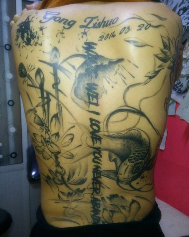 添加水墨连年有余纹身图片