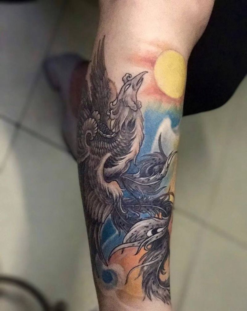 凤凰牡丹纹身图片_成品腿部传统动物原创纹身图案