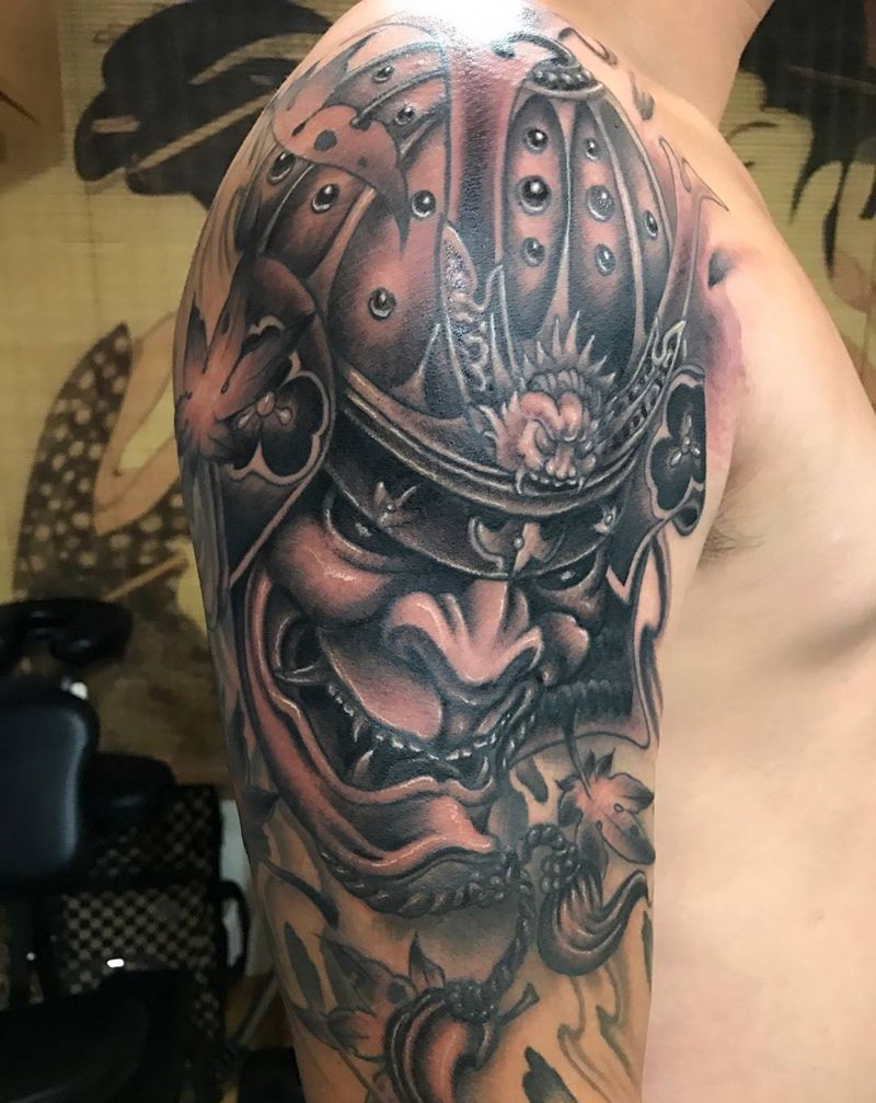 大臂鬼武士纹身图片_成品手臂手部肩部传统人物鬼神纹身图案
