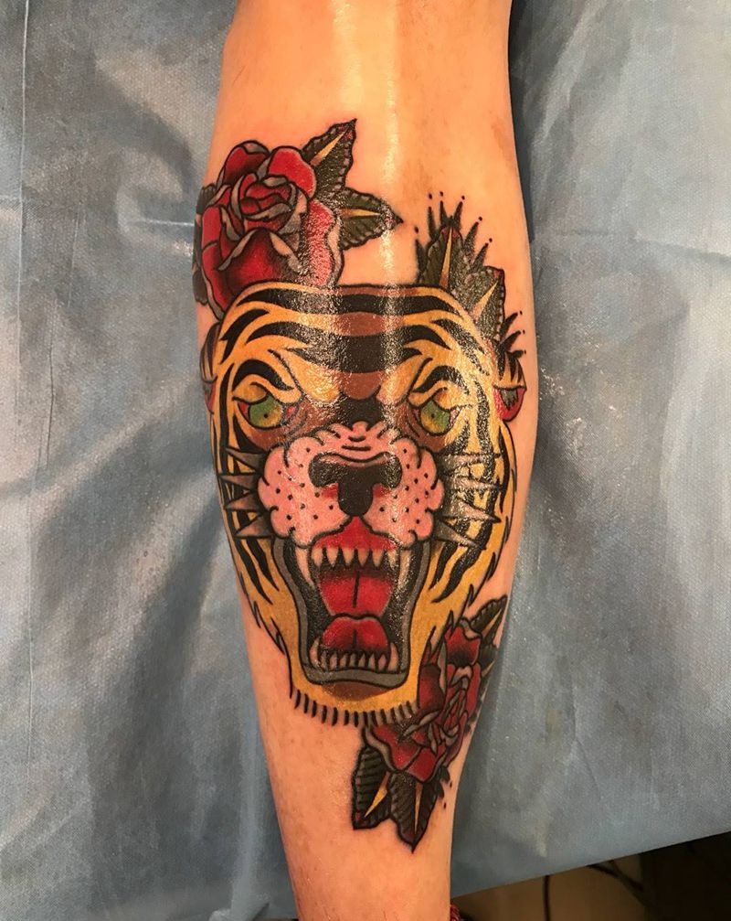 old school纹身图片_腿部脚部Old School老虎玫瑰花花纹身图案