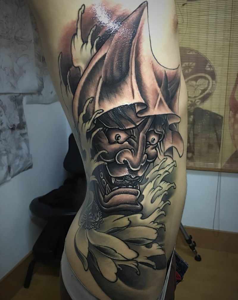 侧腰般若纹身图片_成品腰部腹部背部传统鬼神人物纹身图案