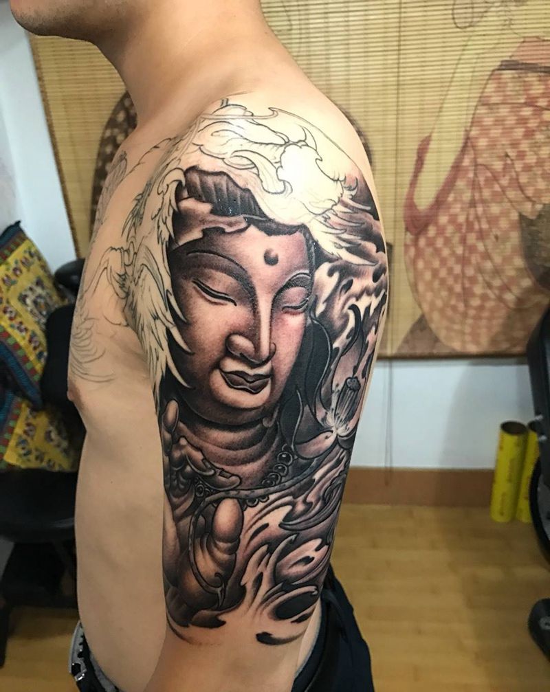 传统半甲纹身图片_成品胸部手臂肩部传统人物宗教鬼神动物纹身图案