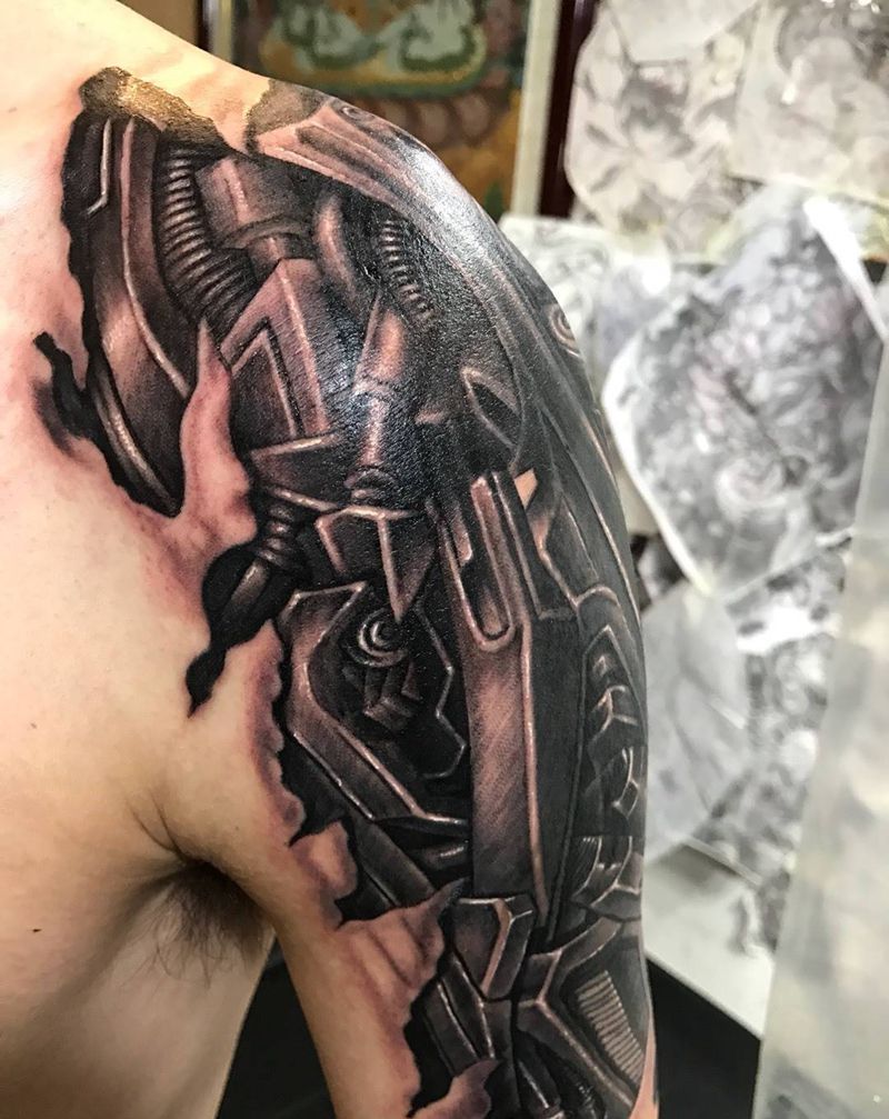 遮盖作品纹身图片_成品手臂肩部手部欧美肖像写实人物3D机械纹身图案