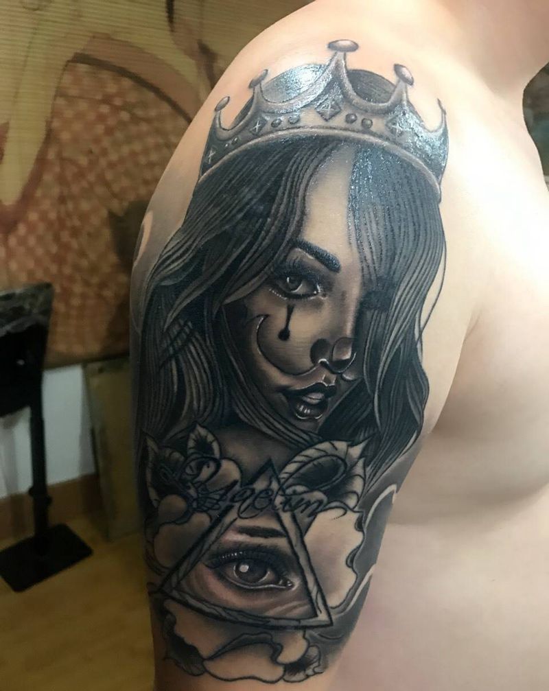 奇卡诺纹身图片_肩部手臂欧美写实几何美女眼睛花纹身图案