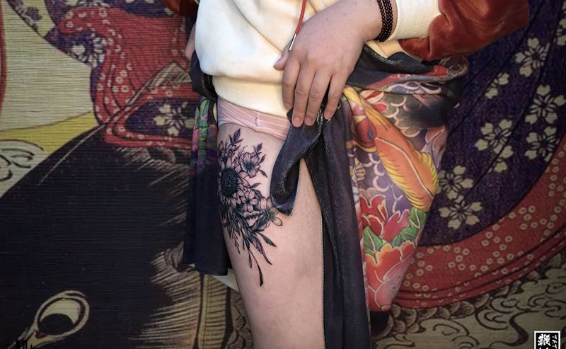 定制款向日葵上身完成[嘿哈]纹身图片_腿部向日葵花纹身图案
