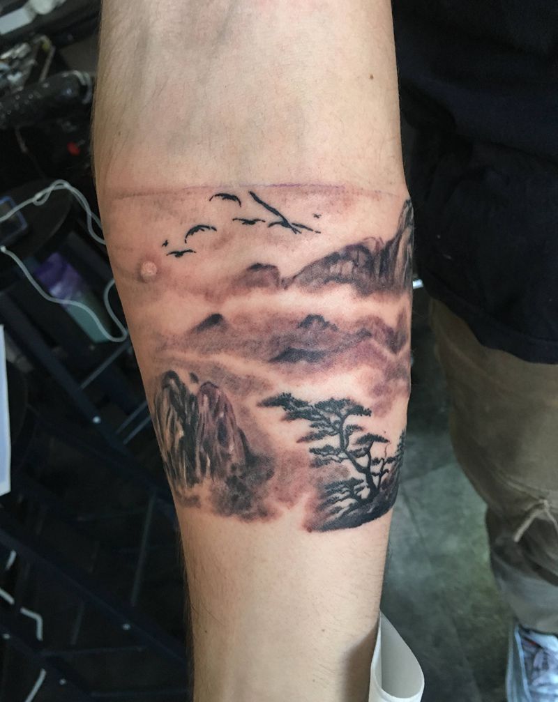 画黄山纹身图片_手臂水墨纹身图案