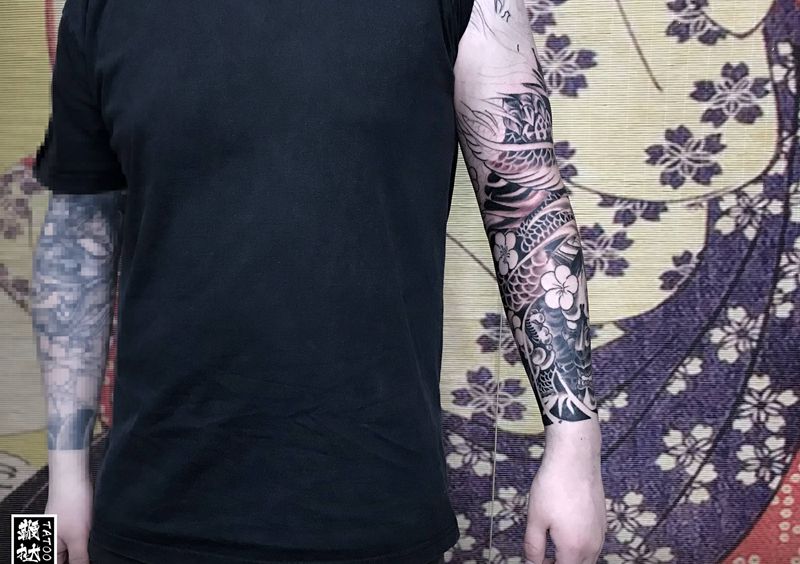 龙2花臂半甲进度2纹身图片_手臂新传统龙般若纹身图案