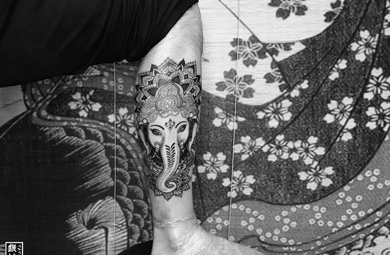 象神一回合，下次上彩色[嘿哈]纹身图片_腿部新传统象神纹身图案