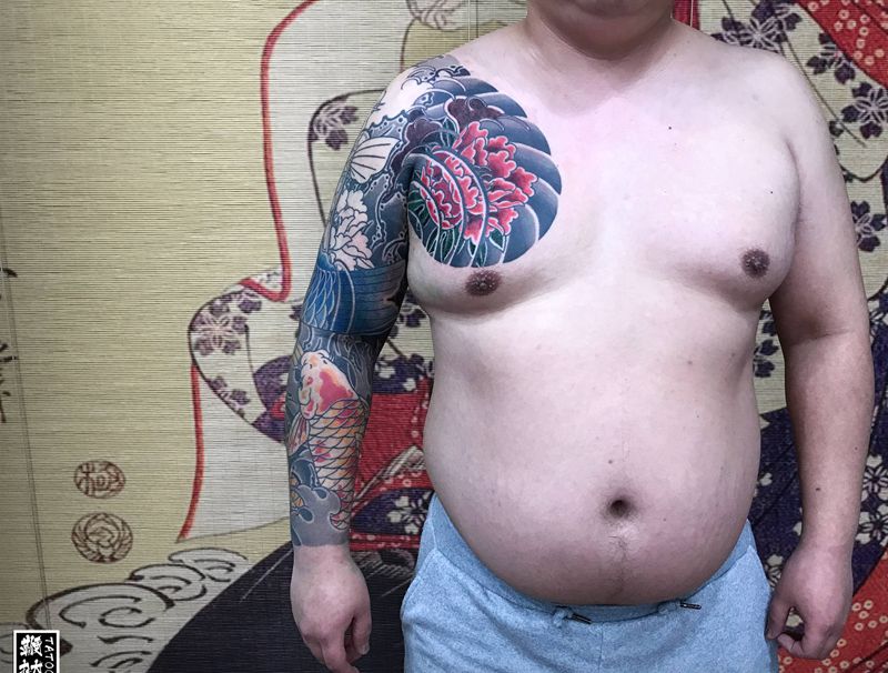 老日式，再有一次就搞定啦纹身图片_手臂胸部老传统鱼花纹身图案