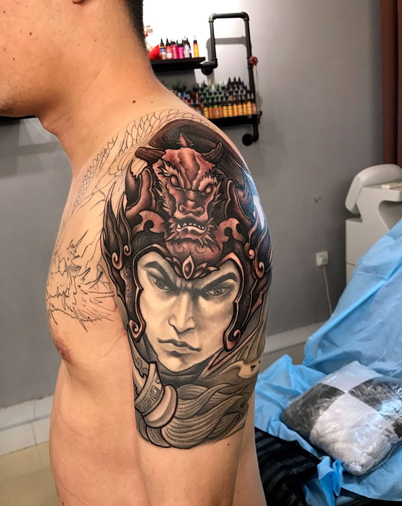 赵云未完纹身图片_肩部手臂新传统赵云古代人物盔甲纹身图案