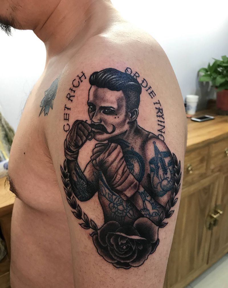 拳击手纹身图片_手臂肩部Old SchoolNew School人物拳击手字体纹身图案