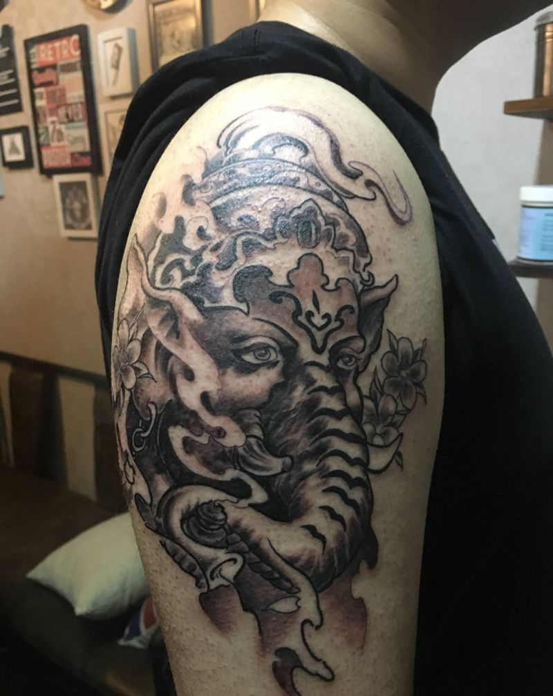 象神纹身图片_手臂新传统纹身图案