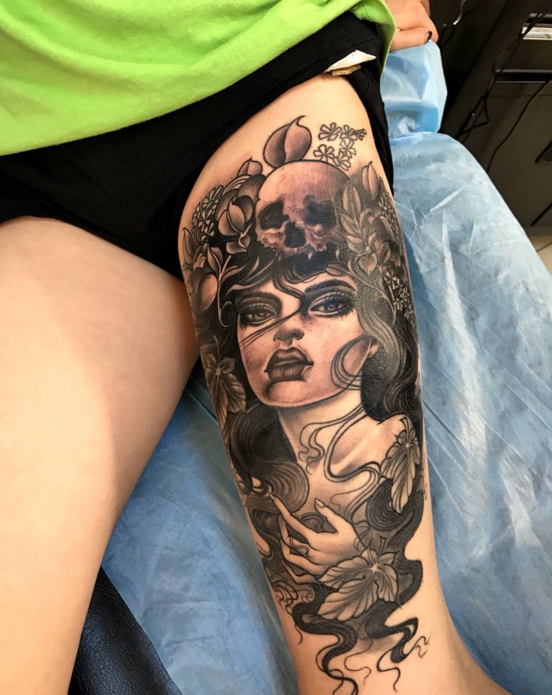 未完待续纹身图片_臀部腿部新传统New School美女女郎人物纹身图案