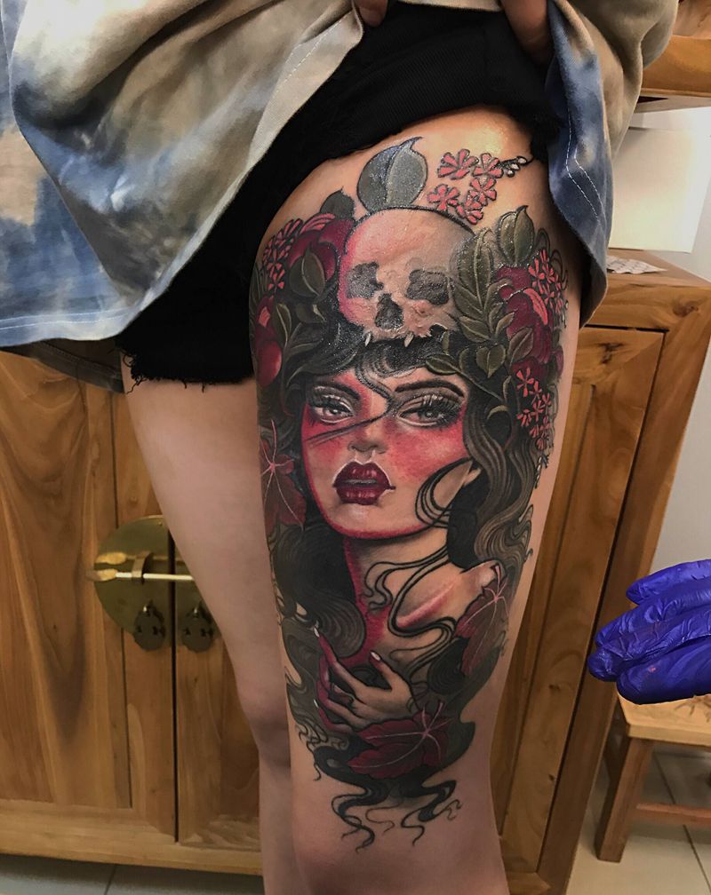 new school纹身图片_腿部肩部New School美女遮盖欧美纹身图案