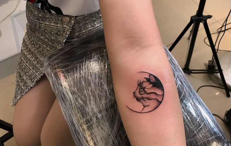 喵纹身图片_手臂猫线条小清新纹身图案