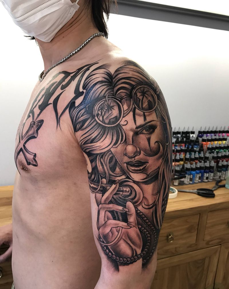 奇卡诺风格大臂纹身图片_肩部手臂欧美写实奇卡诺美女女郎纹身图案