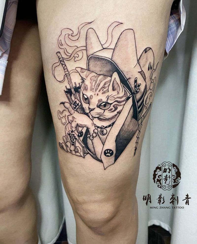 小猫纹身图片_腿部纹身图案