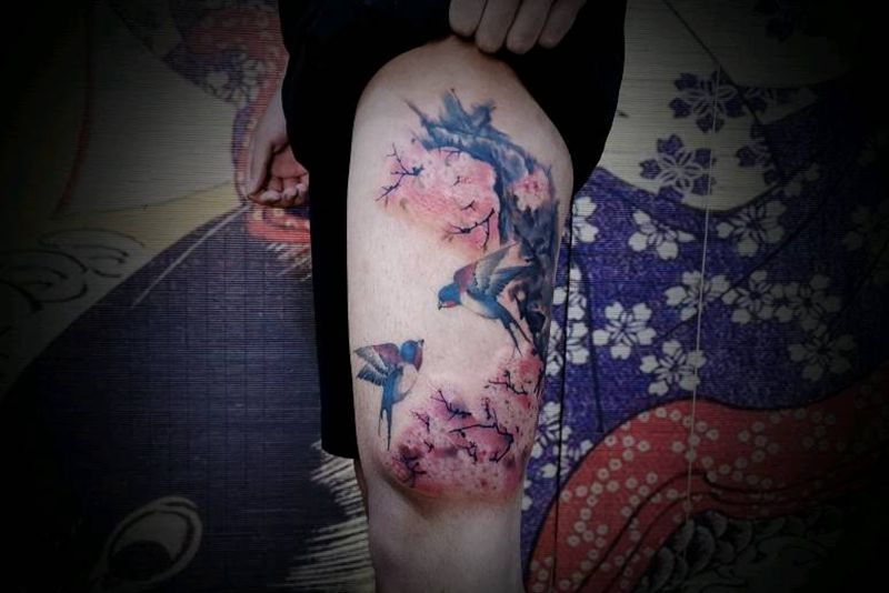 给一年前做的小燕子加个背景～纹身图片_腿部水墨纹身图案