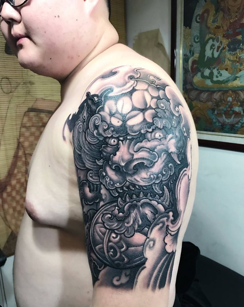大臂唐狮纹身图片_成品手臂肩部手部传统动物鬼神纹身图案