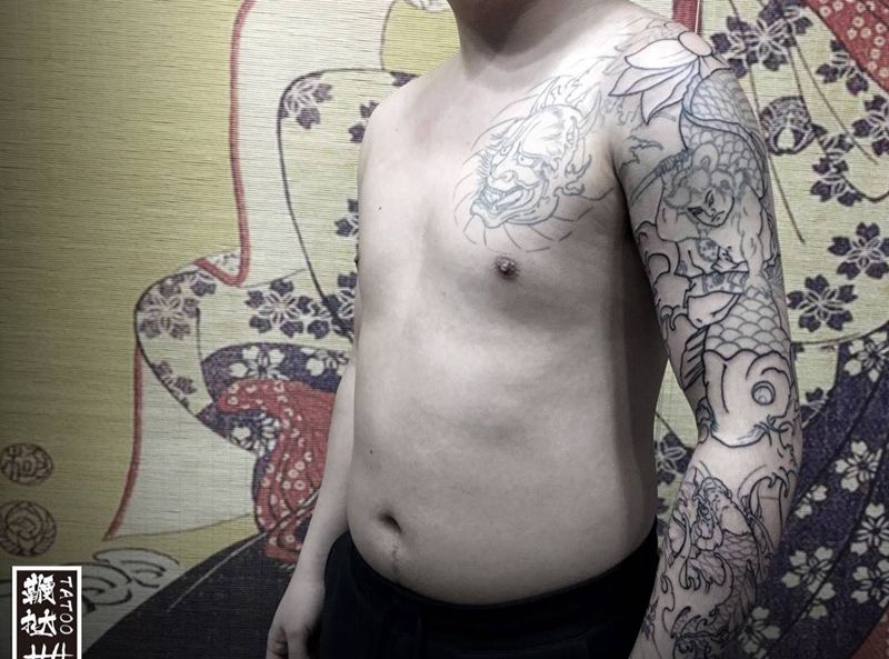 鬼若丸杀鲤半甲花臂纹身图片