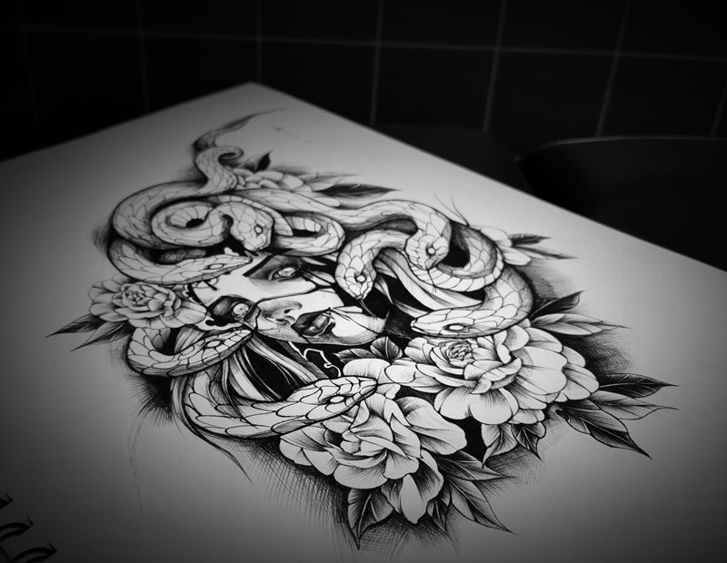 美杜莎手稿订制完成[胜利]纹身图片_欧美写实纹身图案