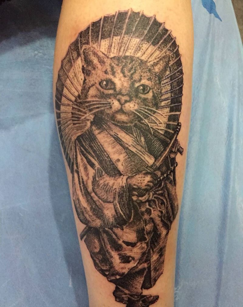 猫武士 点刺纹身图片_成品腿部欧美纹身图案
