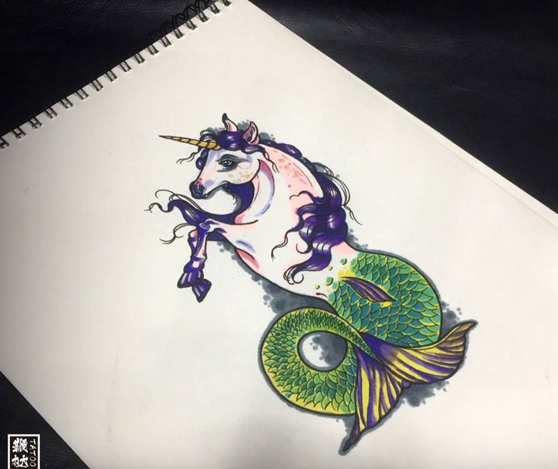 私人订制：马头鱼尾兽，下周六上身～纹身图片_胸部肩部New School马头鱼尾怪纹身图案