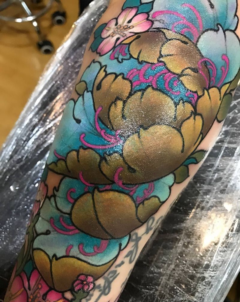 众芳惟牡丹纹身图片_成品手臂手部欧美传统植物纹身图案