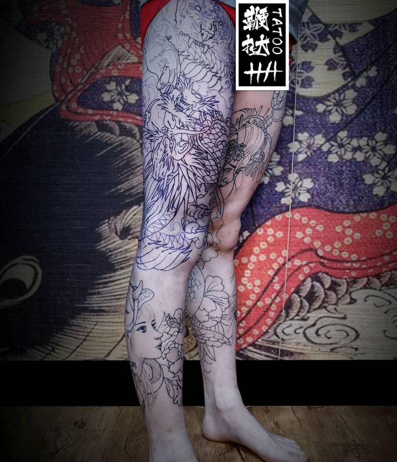 龙争虎斗走线，又+又没坚持住。纹身图片_腿部新传统龙虎斗纹身图案