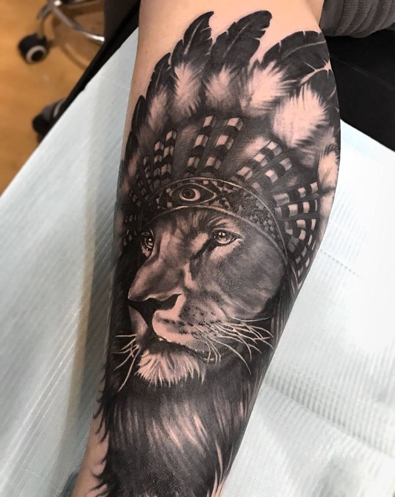 小腿狮子纹身图片_成品脚部腿部欧美写实肖像动物纹身图案