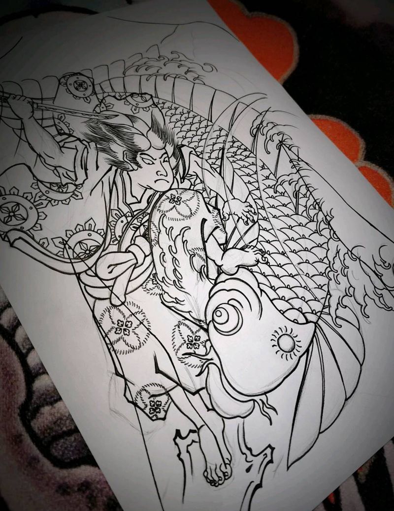 定制稿纹身图片_腹部胸部老传统鬼若丸杀鲤纹身图案