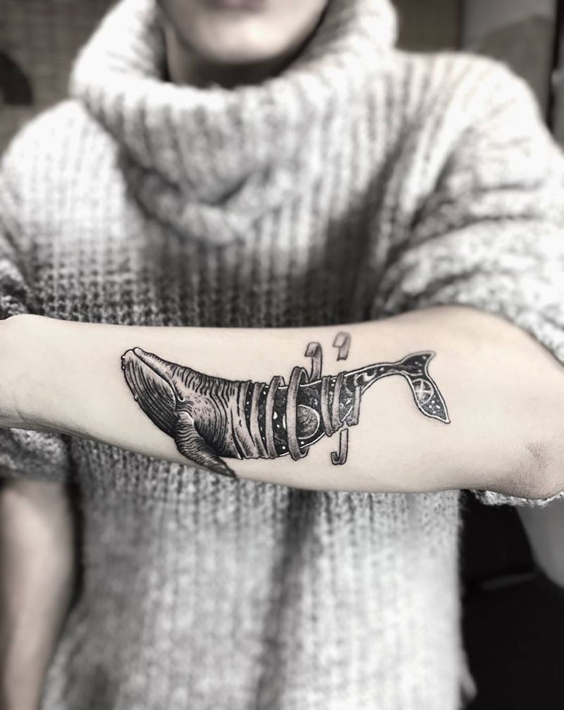 鲸鱼纹身图片_成品手臂欧美清新动物几何线条点刺纹身图案