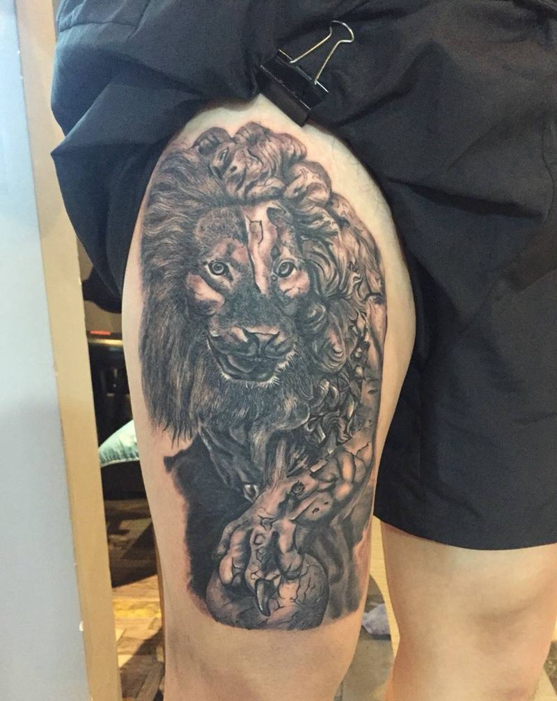 狮子纹身图片_成品腿部欧美动物纹身图案