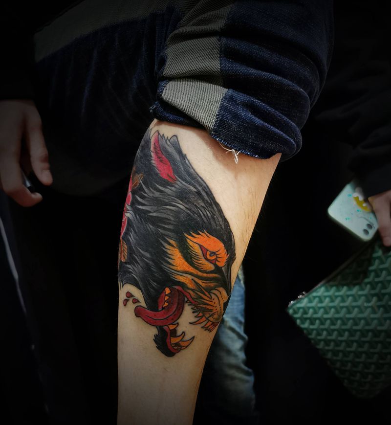 oldschool狼头纹身图片_腿部Old School纹身图案