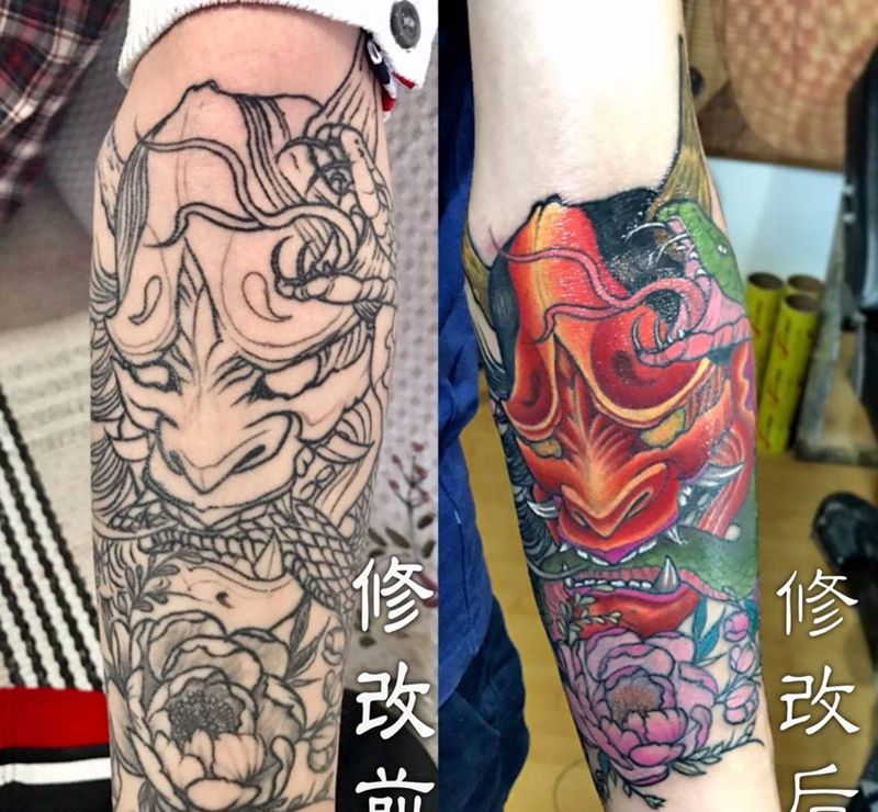 原图修改加彩色纹身图片_成品手臂手部传统动物鬼神人物植物静物宗教纹身图案
