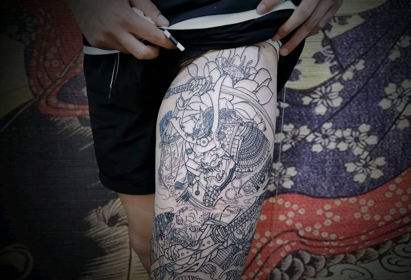 鬼武士走线部分完成纹身图片_腿部新传统鬼武士纹身图案