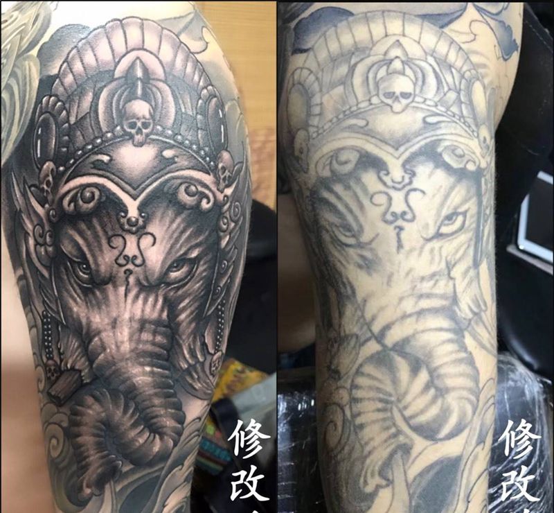 修改作品象神纹身图片_成品胸部肩部颈部手臂传统动物宗教鬼神纹身图案