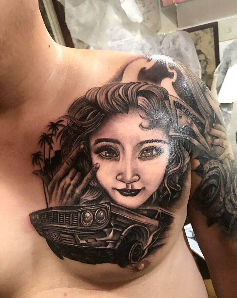 奇卡诺梦露版女友纹身图片_胸部肩部欧美写实美女车树纹身图案