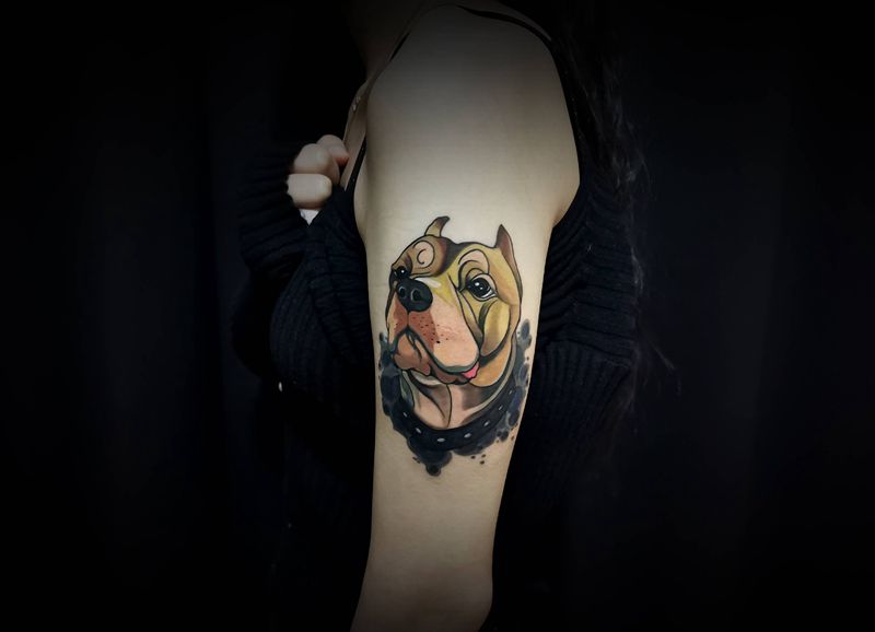 狗仔,带模特。纹身图片_手臂New School纹身图案