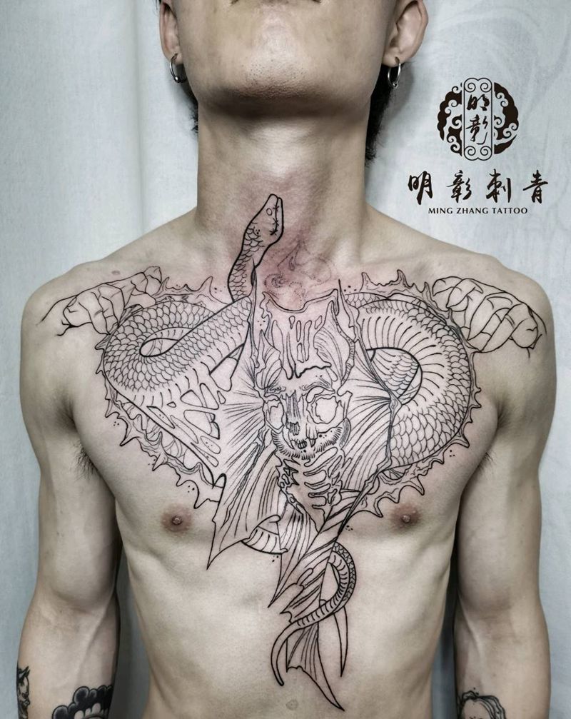 暗黑风格花胸纹身图片_胸部点刺纹身图案