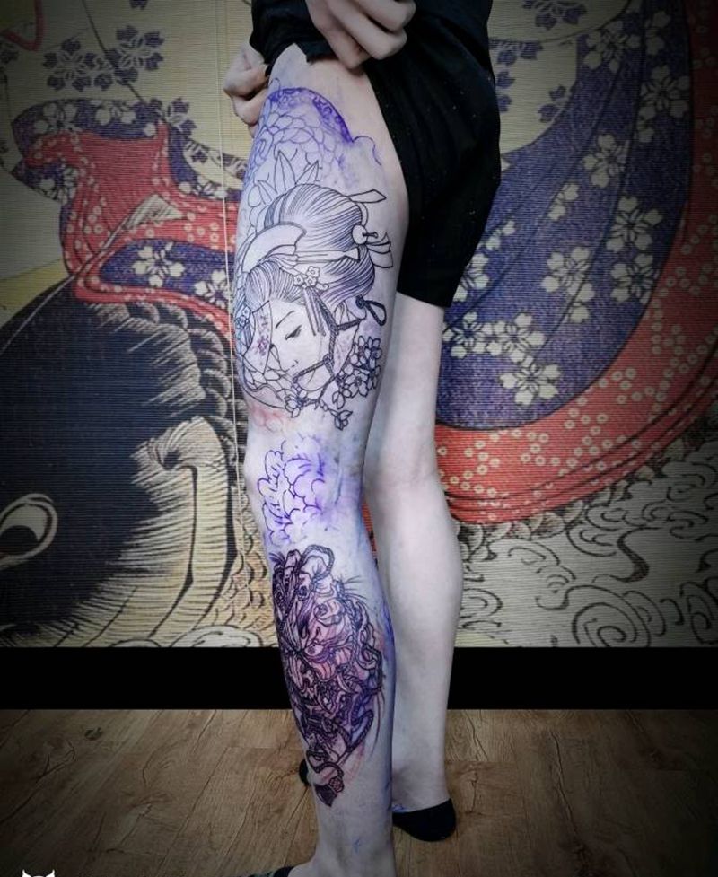 走线没有抗得住，下次现画吧纹身图片_腿部老传统大蛇生首纹身图案