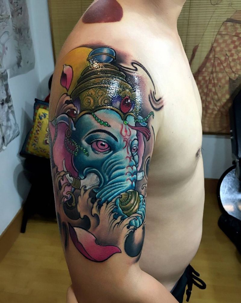 象神纹身图片_成品手臂传统动物鬼神宗教纹身图案