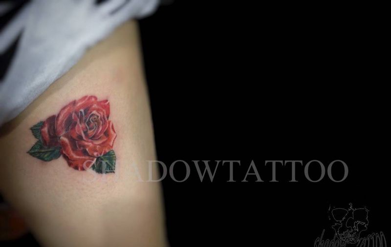 玫瑰花纹身图片_成品欧美植物腿部遮盖伤疤纹身图案