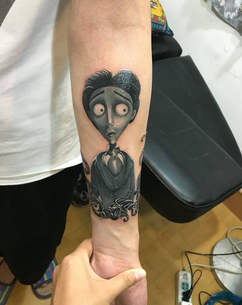 僵尸新娘里的男主，维克多纹身图片_成品手臂欧美写实肖像人物卡通纹身图案