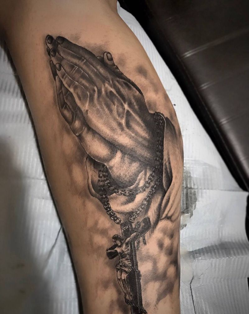 祈祷之手纹身图片_成品腿部脚部欧美写实宗教人物鬼神原创纹身图案