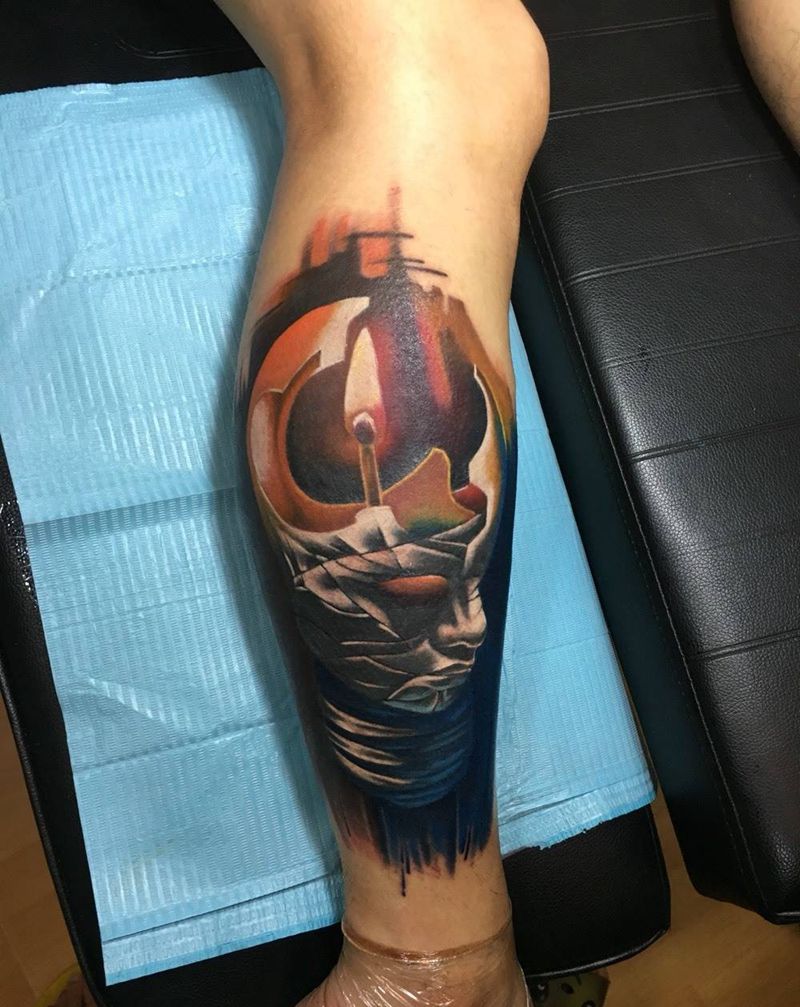 既然要展现自己的美好何不用纹身纹身图片_成品腿部欧美写实人物泼墨纹身图案