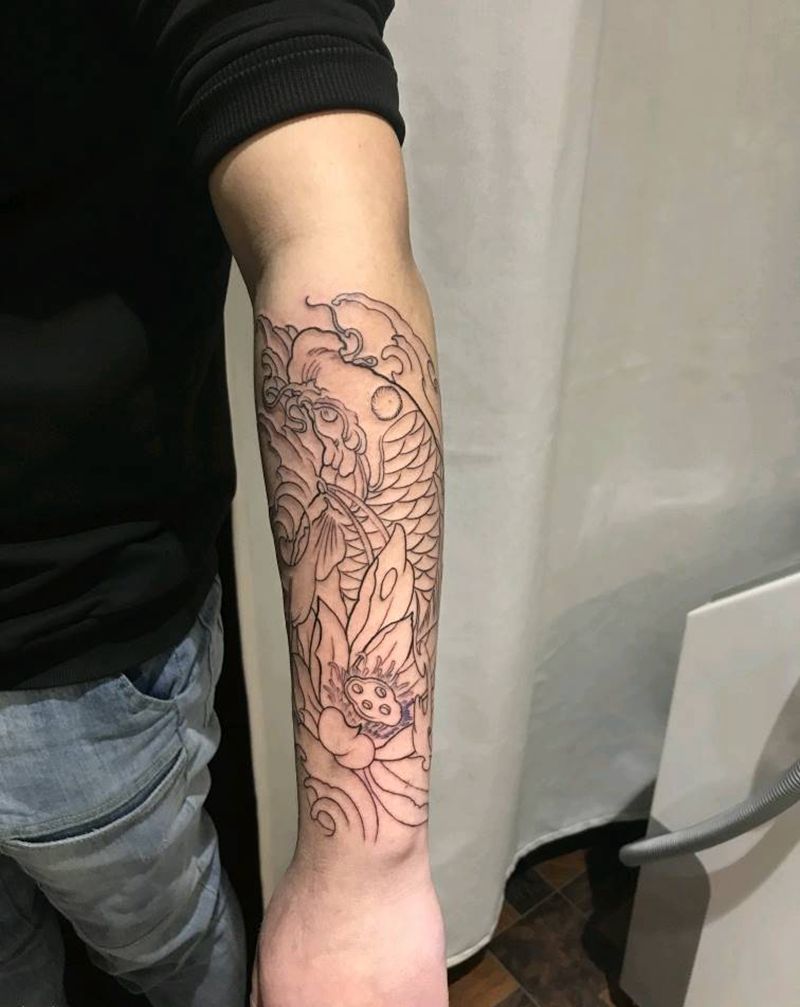 鲤鱼荷花纹身图片