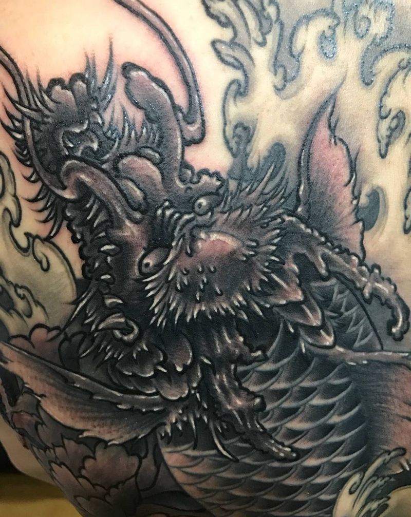 鳌鱼纹身图片_成品肩部背部腰部传统动物鬼神植物纹身图案